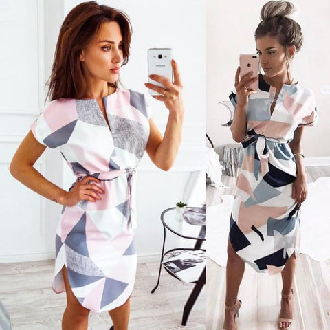 Geometric Print Belted Dress